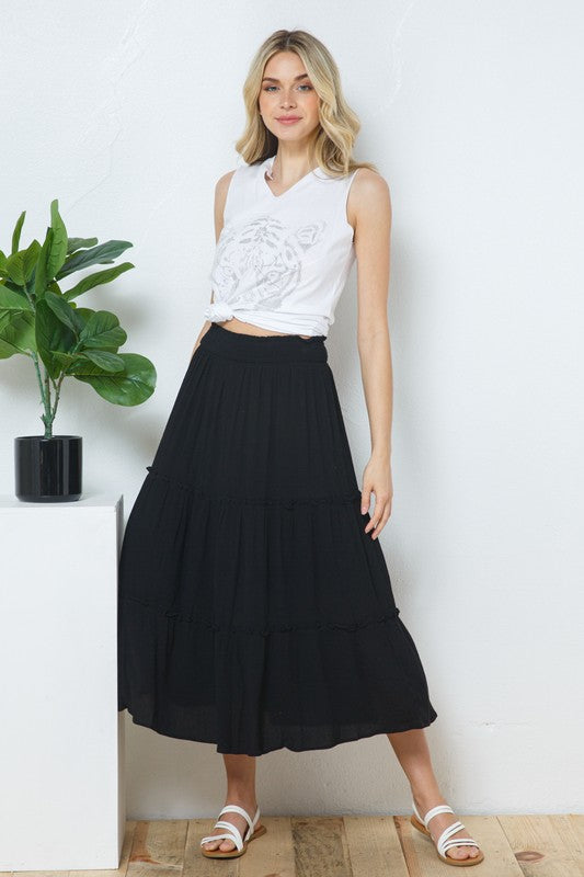 Rayon Gauze Black Tiered Maxi Skirt- BLUE B - FINAL SALE