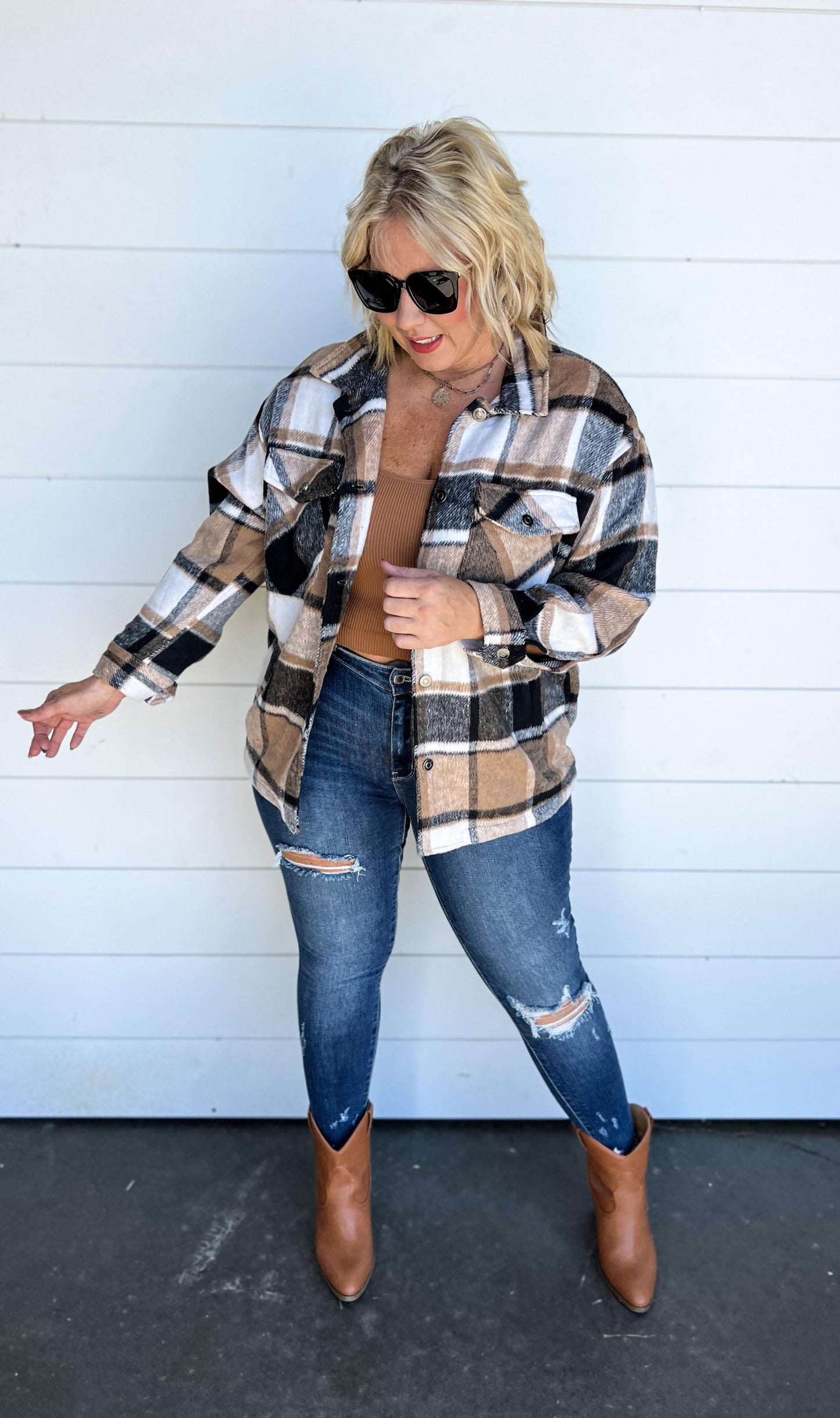 Black, Ivory, Brown Plaid Shacket button up Top