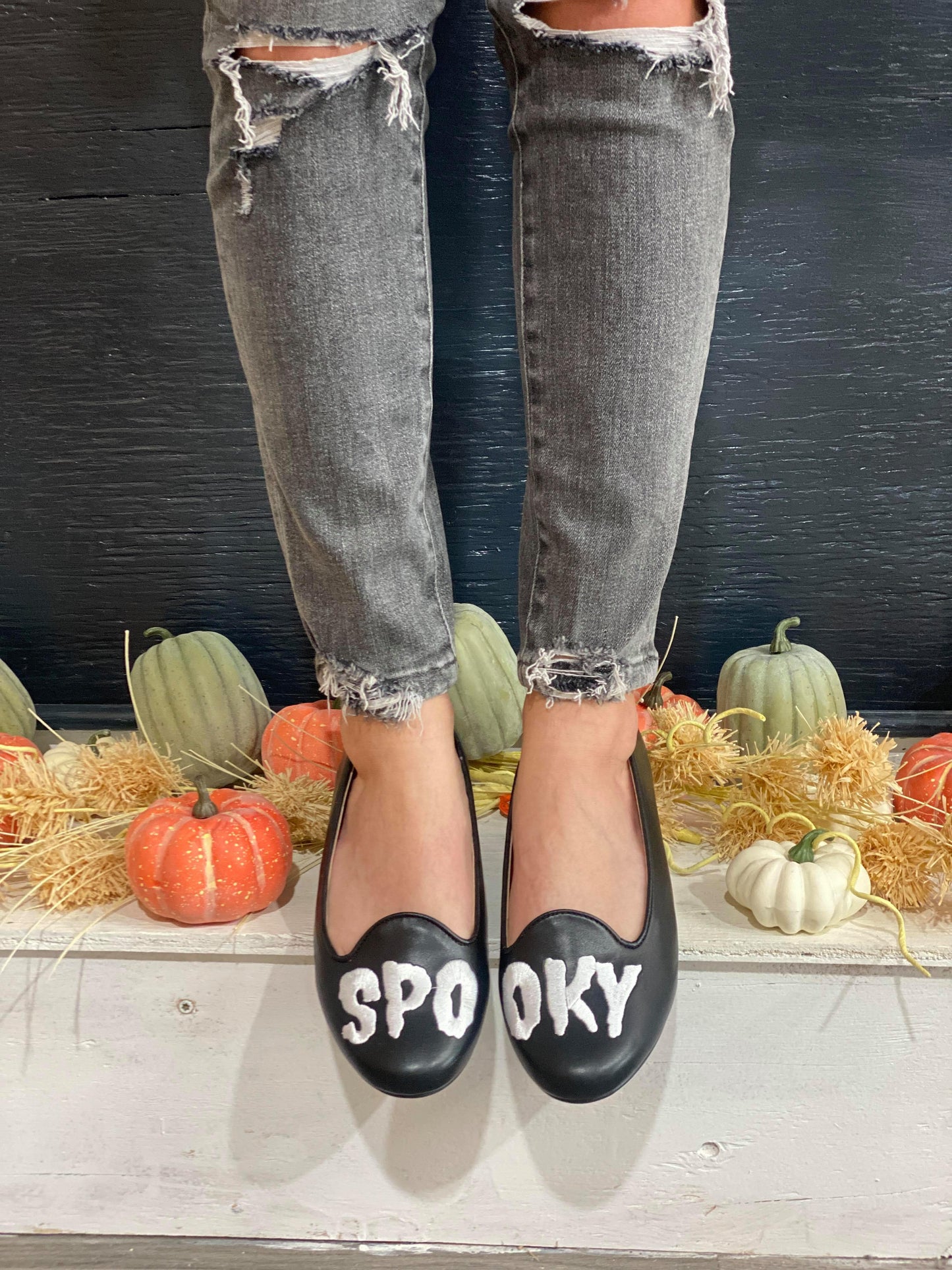 Black Ballet Flat with embroidered white spooky strangecvlt