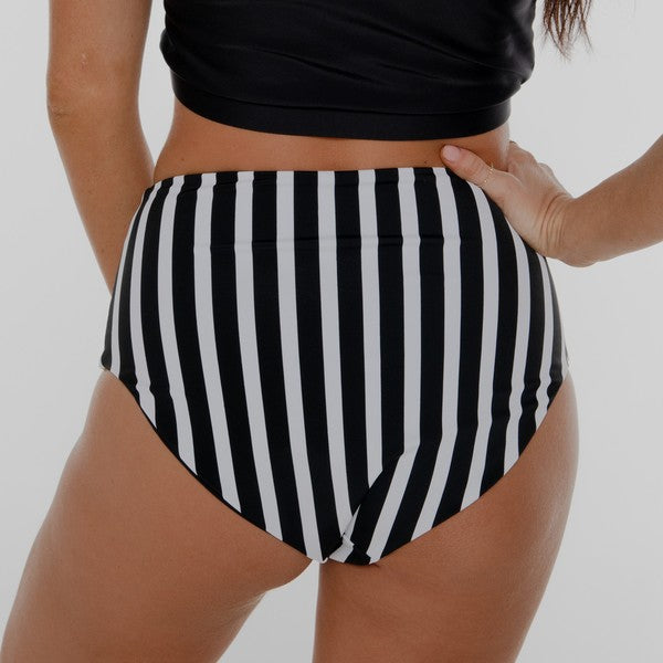 Mid Rise Black Reversible Stripes Swim Bottoms - Coral Reef Final Sale