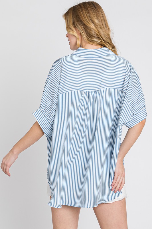 Stripe Boxy Oxford Button Up Top