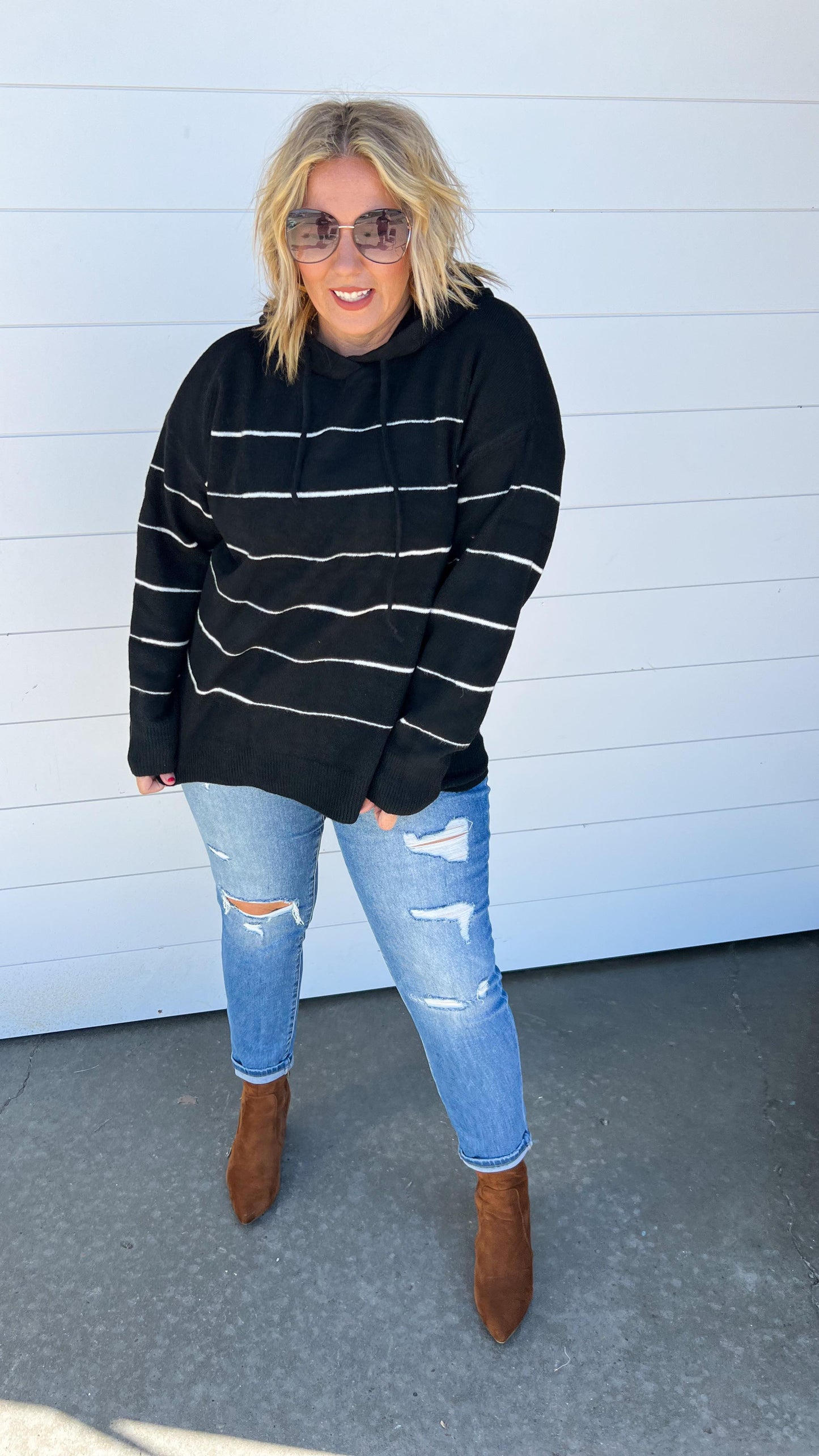 super soft black hoodie white stripes pullover