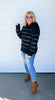 super soft black knit pullover hoodie with ivory stripes