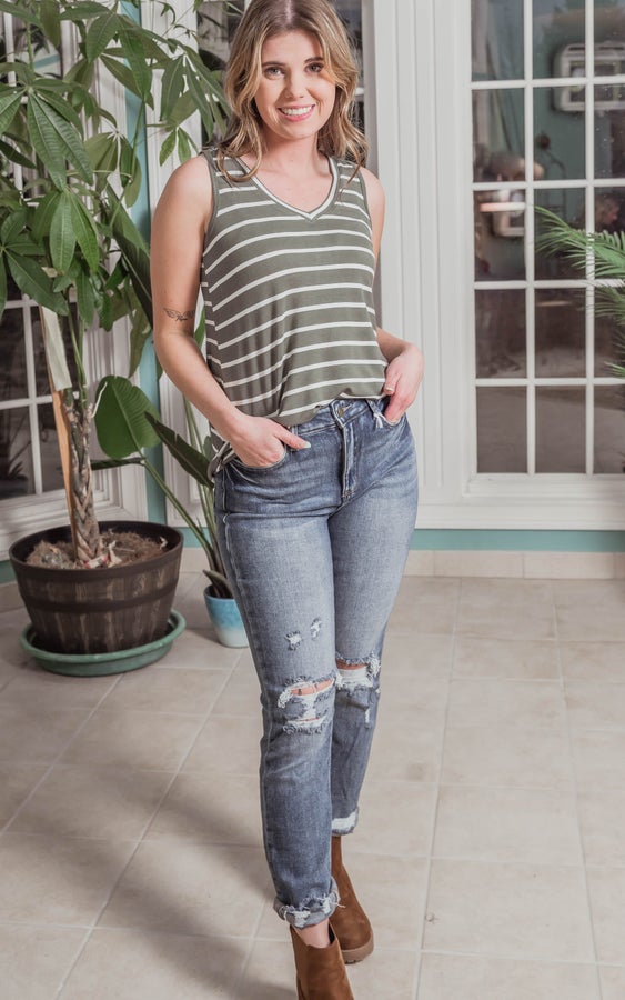 olive stripe V-neck tank top