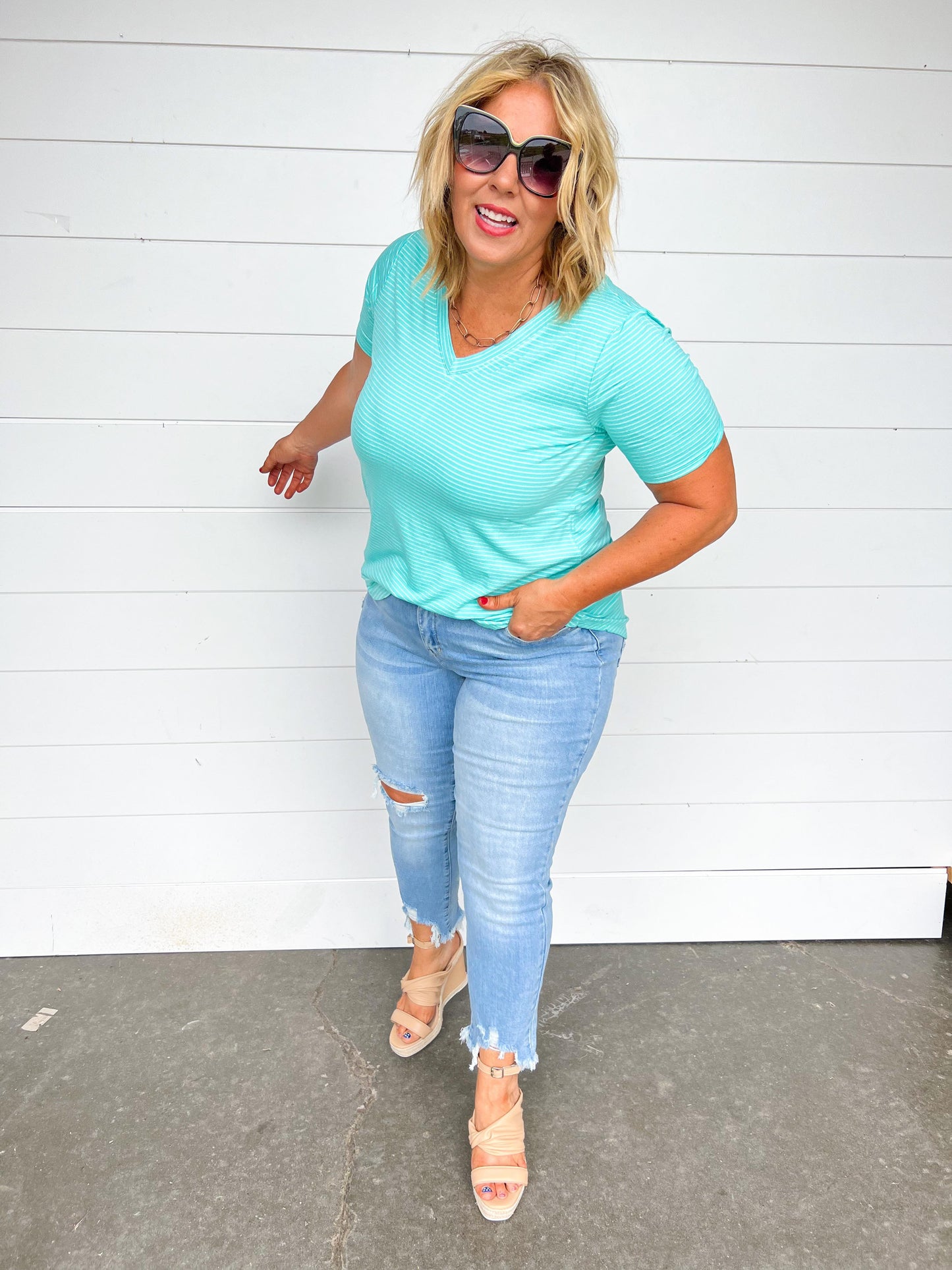 Mid Rise Distressed Hem Boyfriend Jeans- Judy Blue - Final Sale