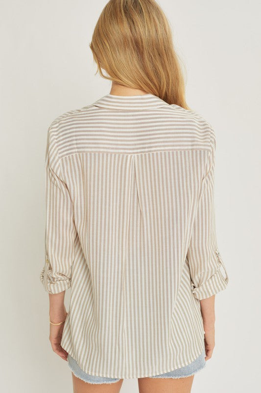 Striped Roll Up Sleeve Button Down Blouse Shirt