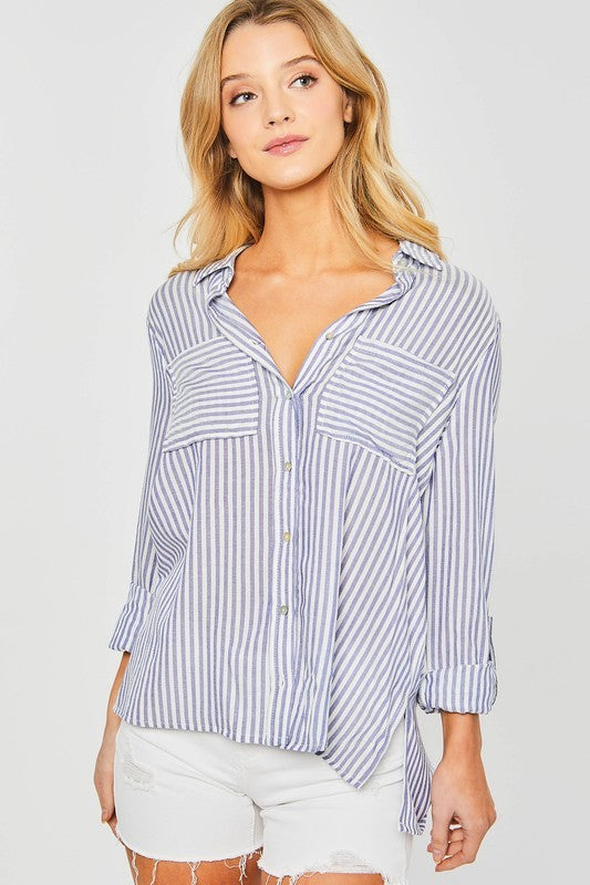 Striped Roll Up Sleeve Button Down Blouse Shirt