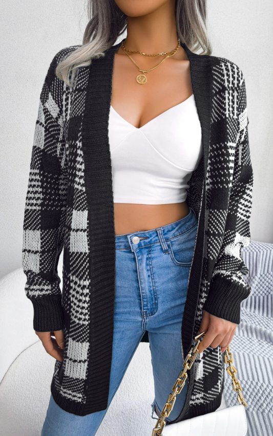 Plaid Long Sleeve Front Open Cardigan with Belt