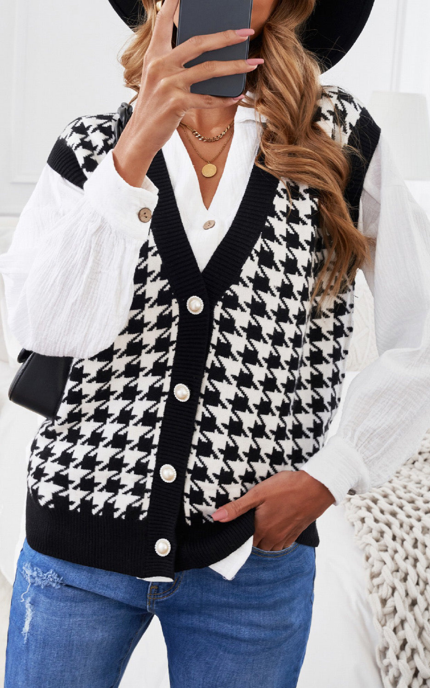 Houndstooth Vest Cardigan