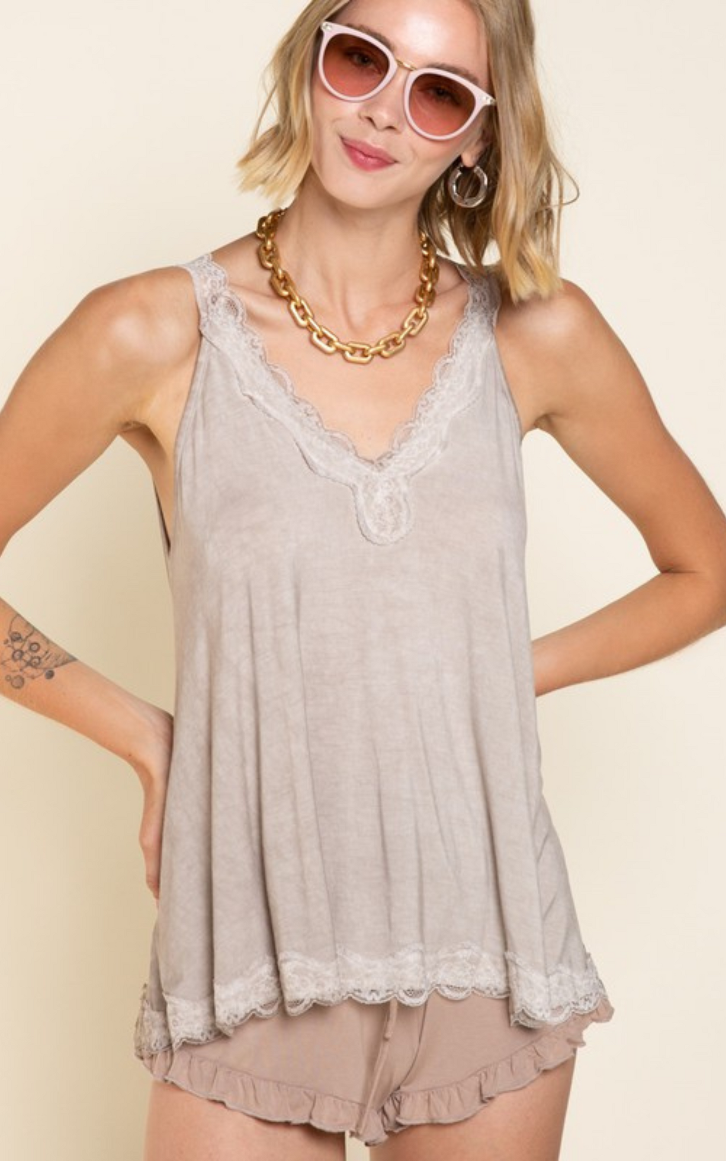 Lace Trim Halter Tank Top - POL