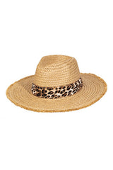Leopard Ribbon Straw Fedora Hat