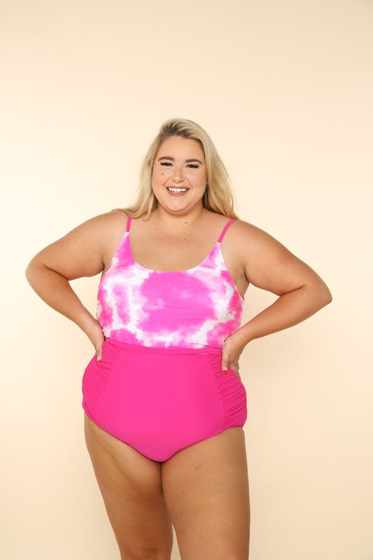 Tie Dye Neon Pink Button Back Swim Top