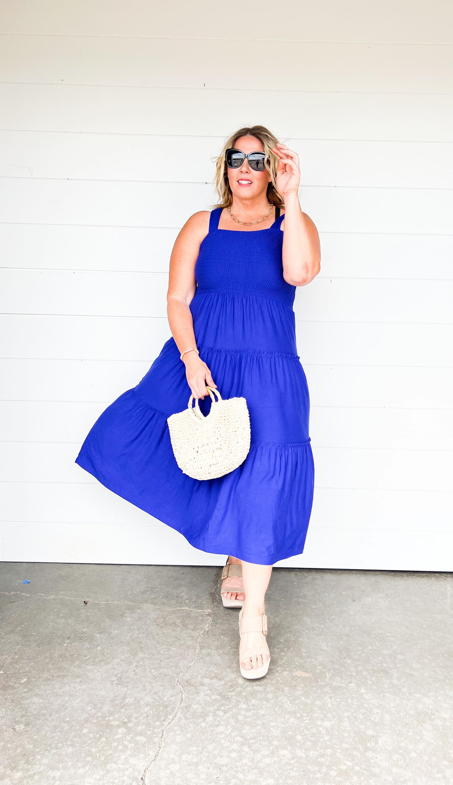 smocked tiered midi dress