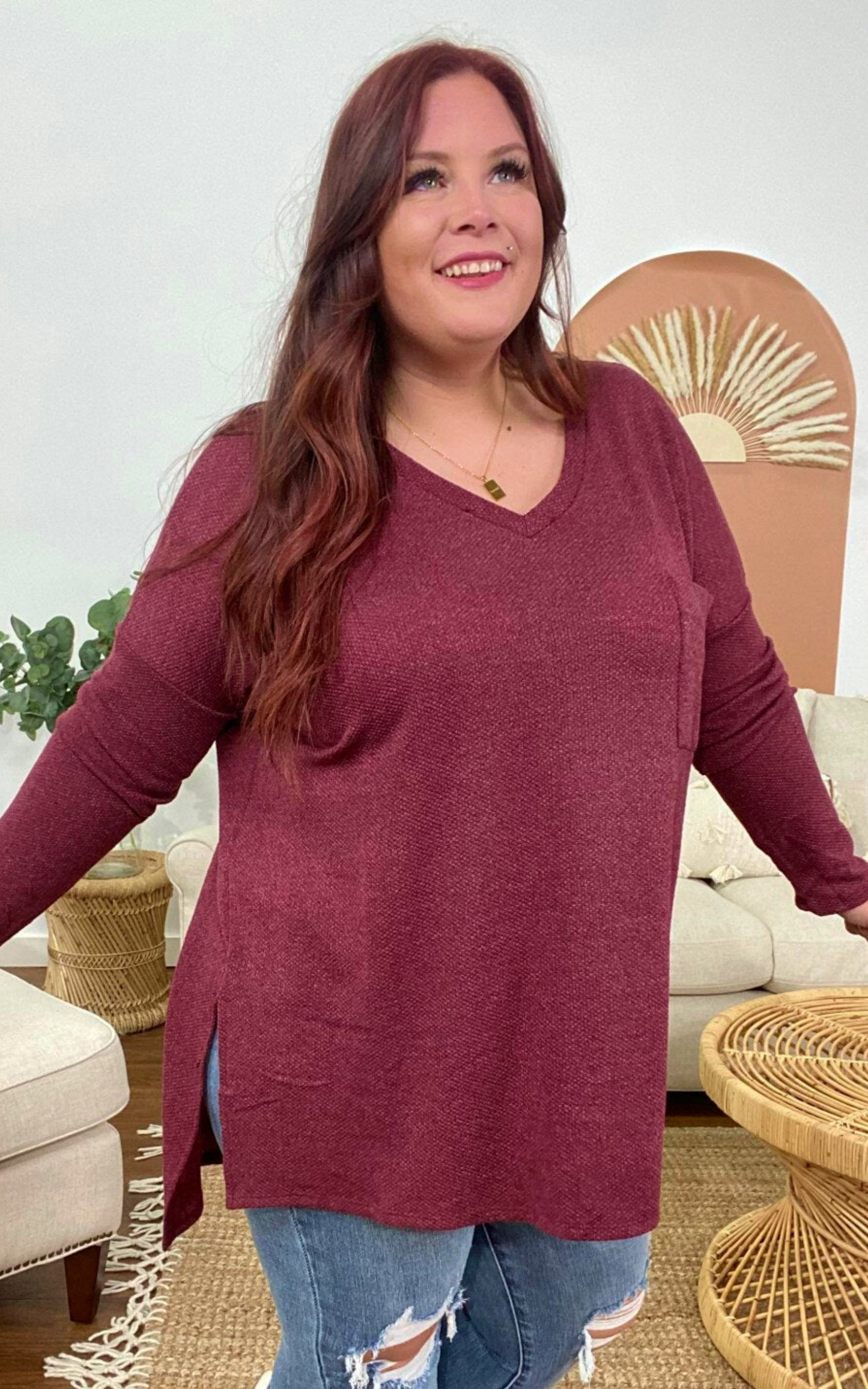 burgundy v-neck top 