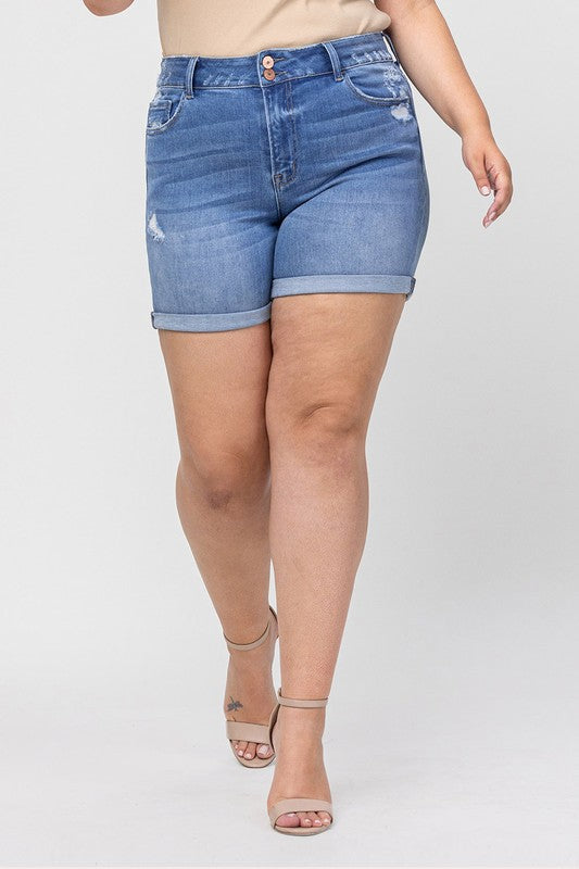 High Rise Double Button Cuffed Denim Shorts - Vervet Curvy Girl - Final Sale