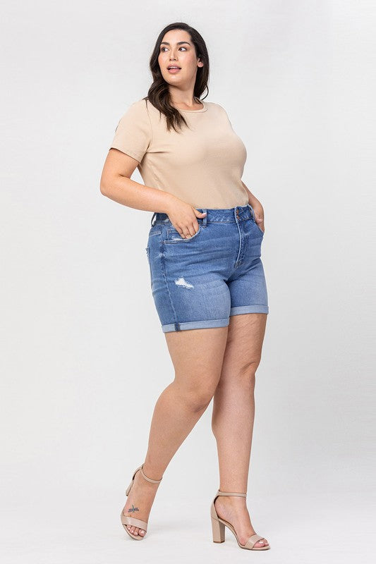 High Rise Double Button Cuffed Denim Shorts Vervet Curvy Girl