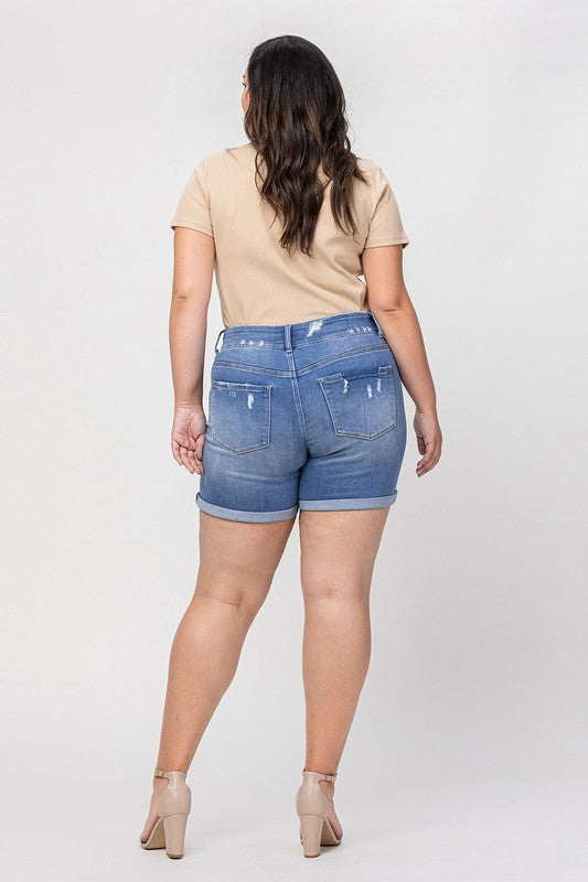 High Rise Double Button Cuffed Denim Shorts - Vervet Curvy Girl - Final Sale