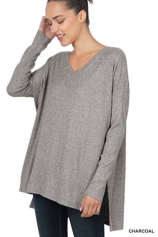 V-Neck Heather Ribbed Dolman Top - LA LIVE Zenana (1-1-2-2)