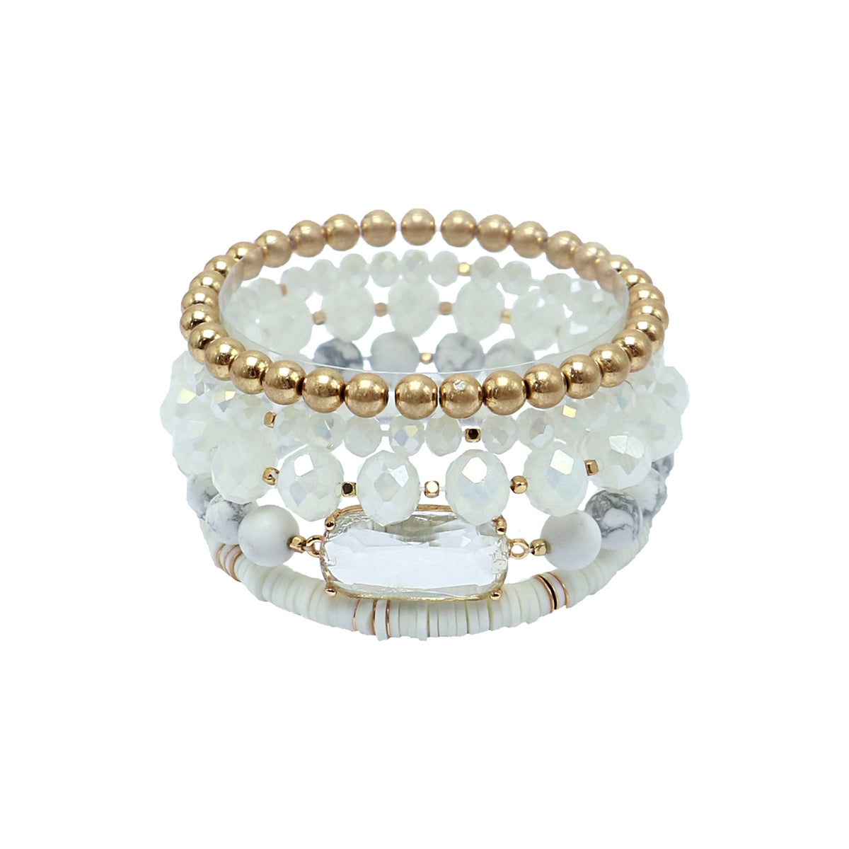 White Crystal, Stone, and Gold Stacked Bracelets - 5