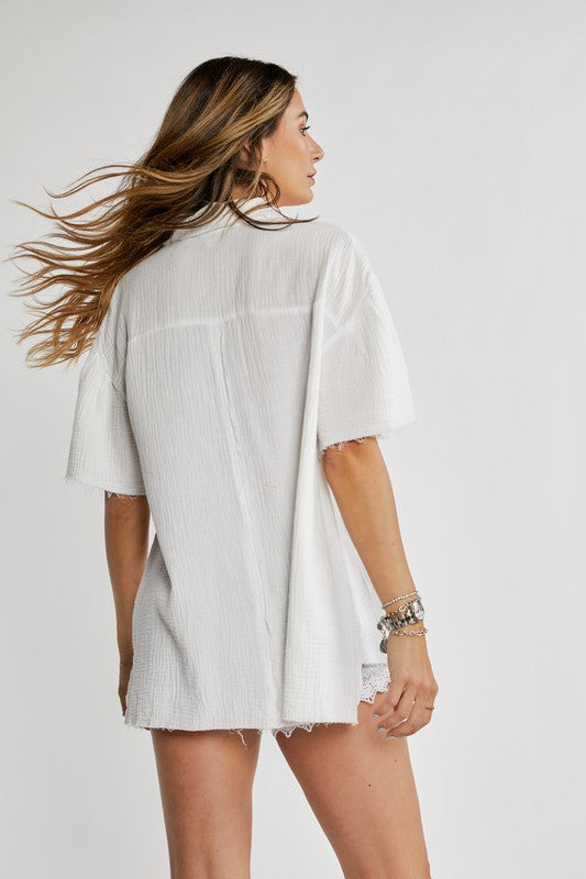 White Button Down Short Sleeve Top
