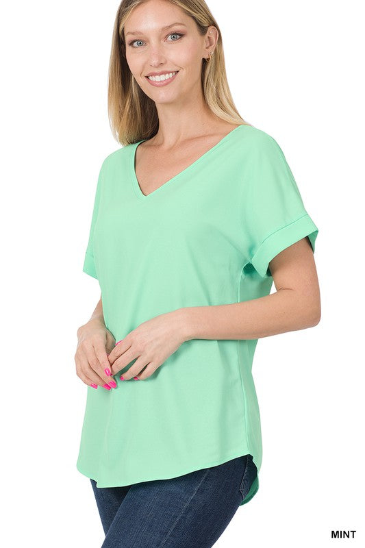 Rolled Sleeve V-Neck Woven Top | FINAL SALE