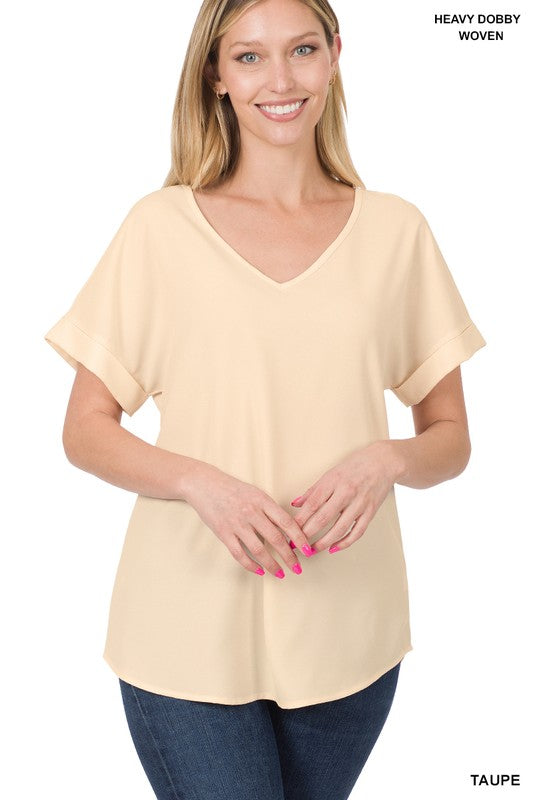 Rolled Sleeve V-Neck Woven Top | FINAL SALE