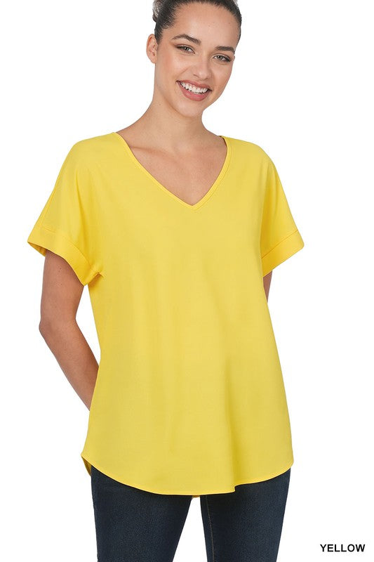 Rolled Sleeve V-Neck Woven Top | FINAL SALE