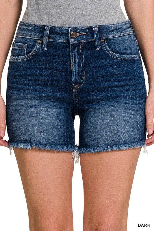 DARK WASH Mid Rise Frayed Hem Denim Shorts