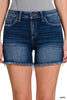 DARK WASH Mid Rise Frayed Hem Denim Shorts