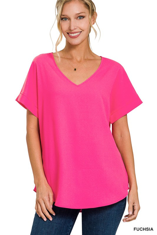 Rolled Sleeve V-Neck Woven Top | FINAL SALE