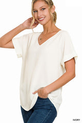 Rolled Sleeve V-Neck Woven Top | FINAL SALE