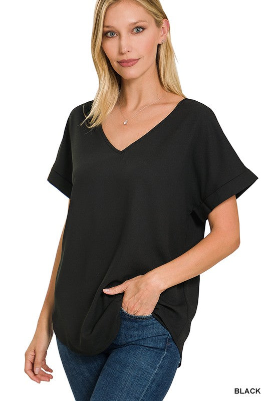 Rolled Sleeve V-Neck Woven Top | FINAL SALE