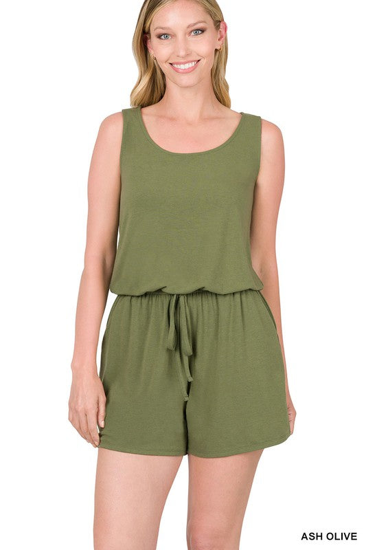 ASH OLIVE SLEEVELESS ROMPER WITH POCKETS